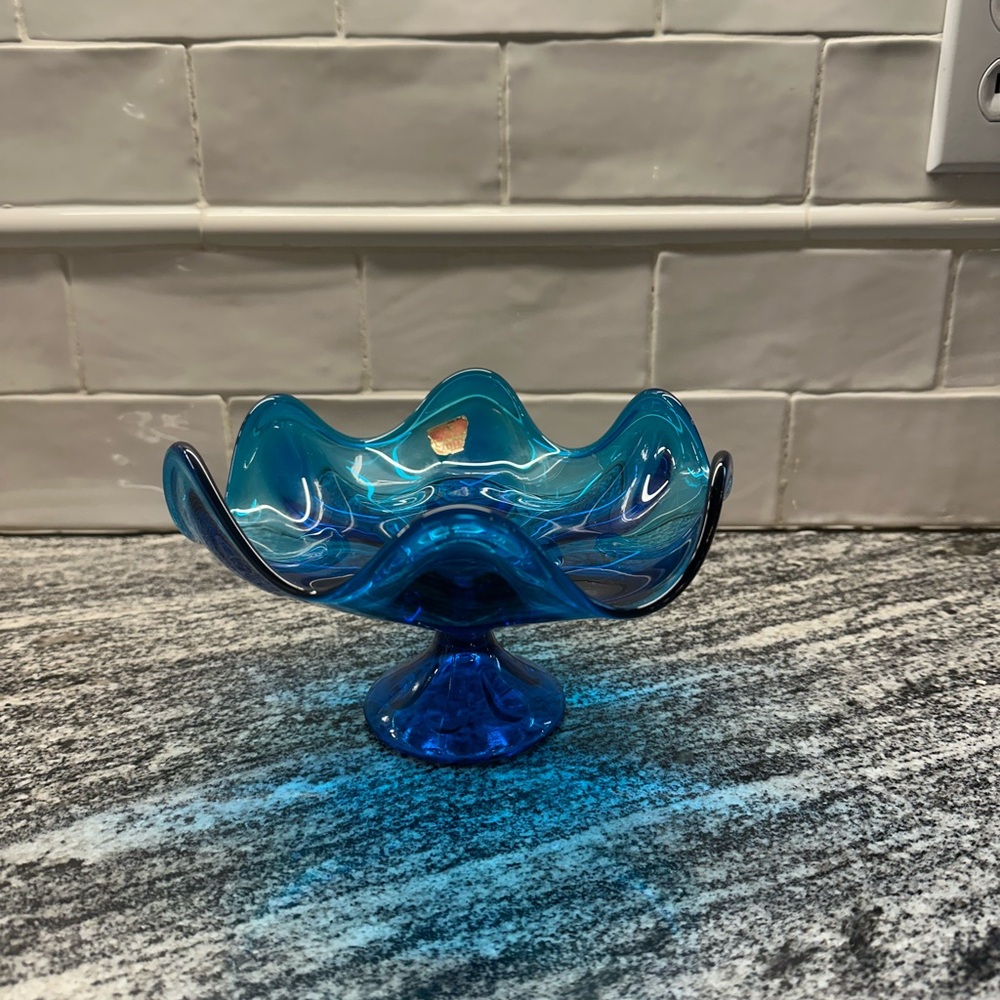 Vintage MCM Viking Bluenique 6 Petal Compote, Art Glass Dish, Blue Viking Epic